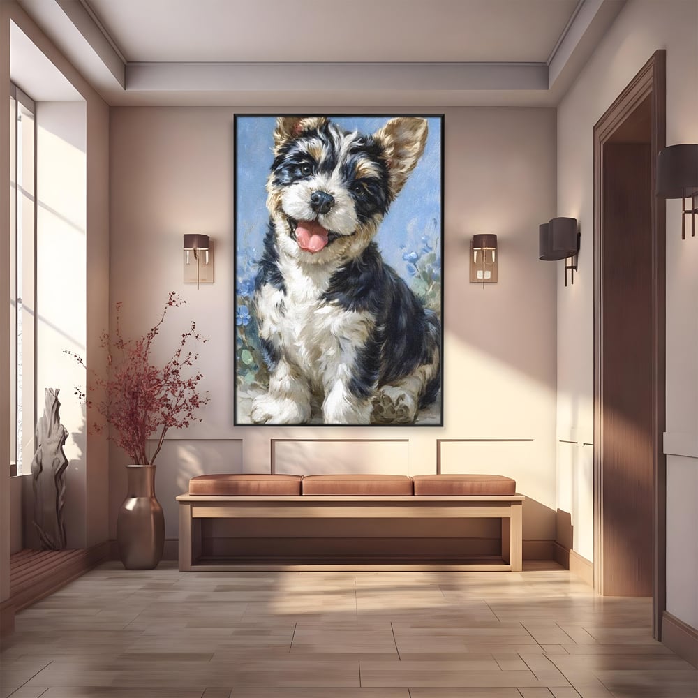Tablou canvas cu tablou canvas cu catelus pufos, in rama de aluminiu negru